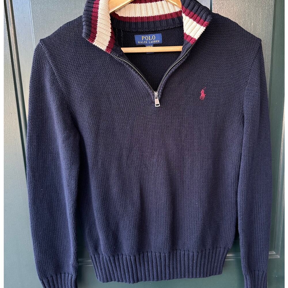 Polo Ralph Lauren Boys Half Zip Sweater M (8-10) Navy Red Rugby Collar Cotton
